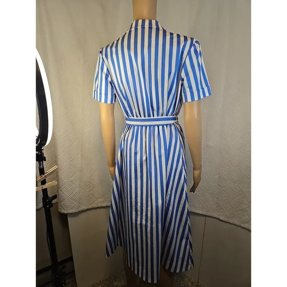 J Peterman Size 6 Blue White Striped Belted Shirt Dress Midi Pockets Classic - Picture 10 of 12